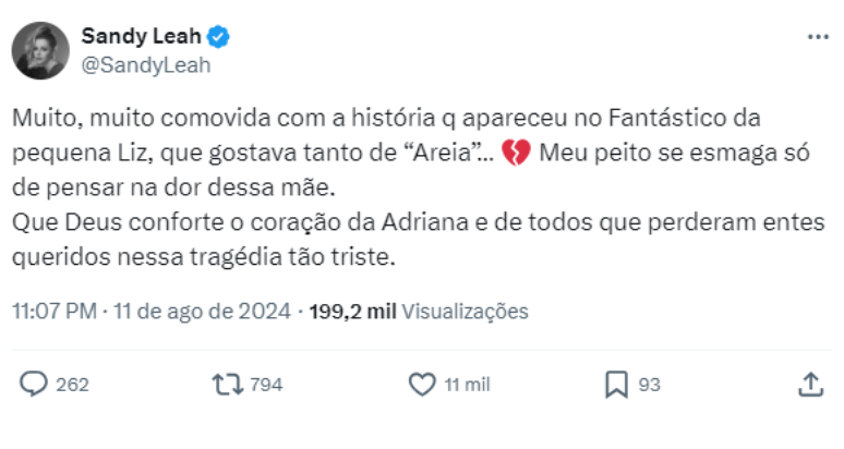 Sandy fez publicação no Twitter 