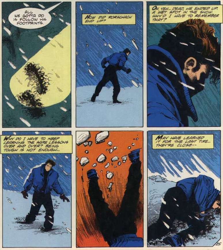 Assim como Rorschach, Questão quase morre na neve (Imagem: Reprodução/DC Comics)