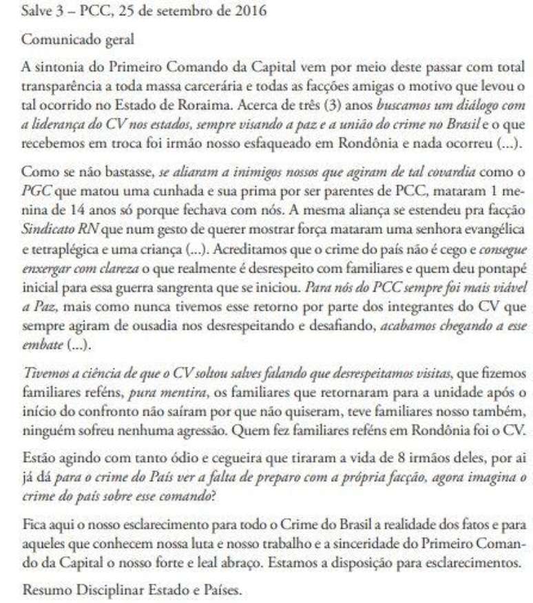 Mensagem mostra liderança do PCC rebatendo acusações do Comando Vermelho e fazendo acusações contra facção carioca