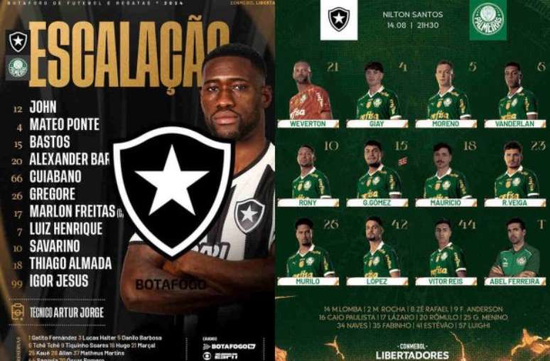 Botafogo e Palmeiras escalados – Fotos: Botafogo, Palmeiras/ Divulgação