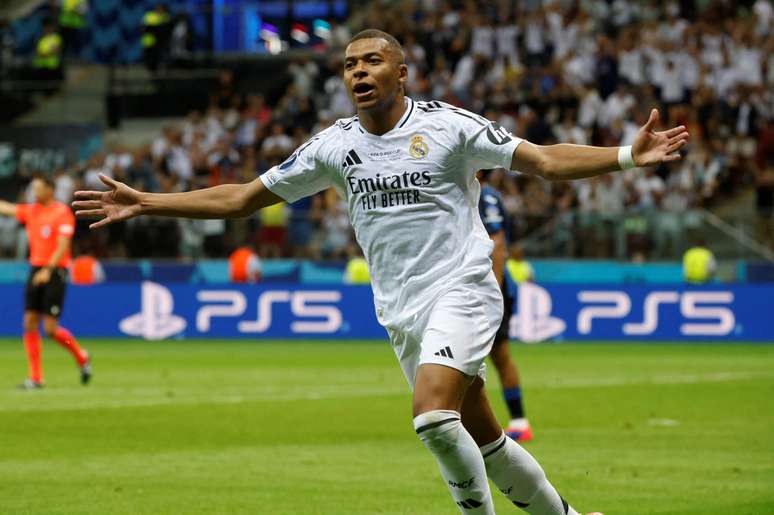 Mbappé comemorando o primeiro gol pelo Real Madrid –