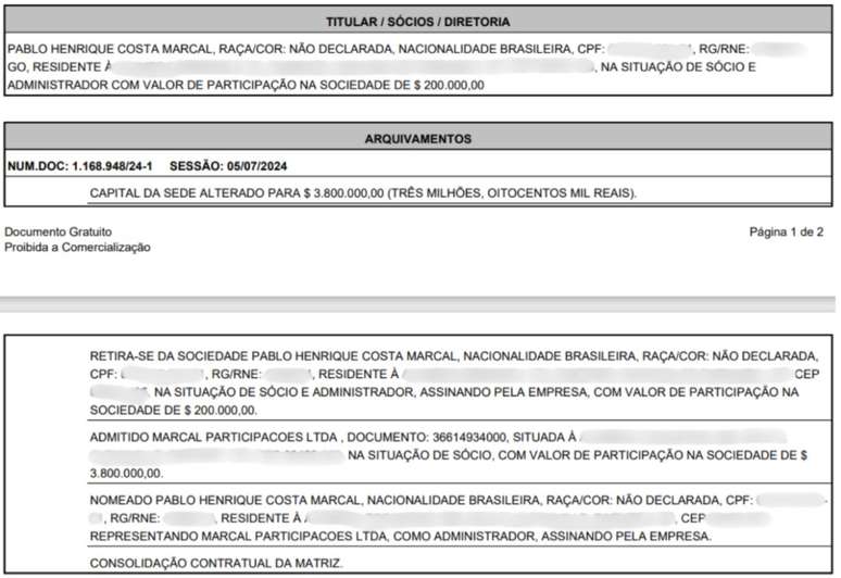 Exemplo do trecho do registro da empresa 'Plataforma Holding Participações Ltda', obtido no Jucesp, que mostra a movimentação de Marçal