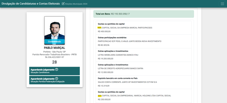 Bens declarados com erros por Marçal à Justiça Eleitoral, com grifos da reportagem