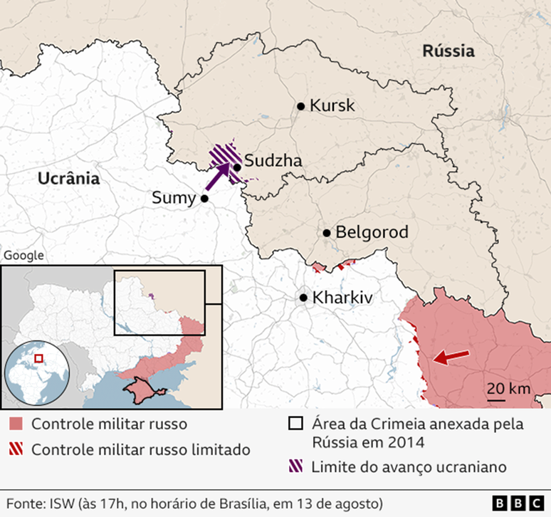 Mapa mostra região fronteiriça entre Ucrânia e Rússia, com identificação das áreas da incursão ucraniana no território, na região de Kursk