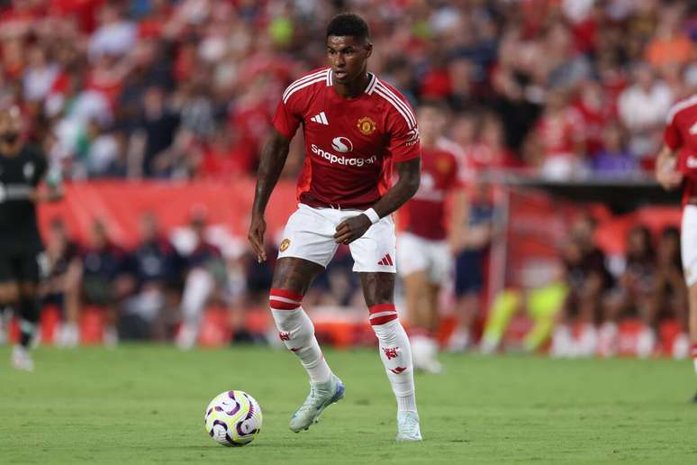 Marcus Rashford (Manchester United) durante jogo contra o Liverpool, no dia 03.08.2024