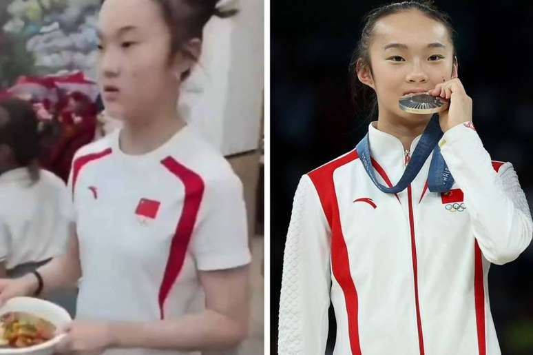 A atleta chinesa Zhou Yaqin servindo pratos com seu uniforme olímpico e em momento que viralizou na Olimpíada