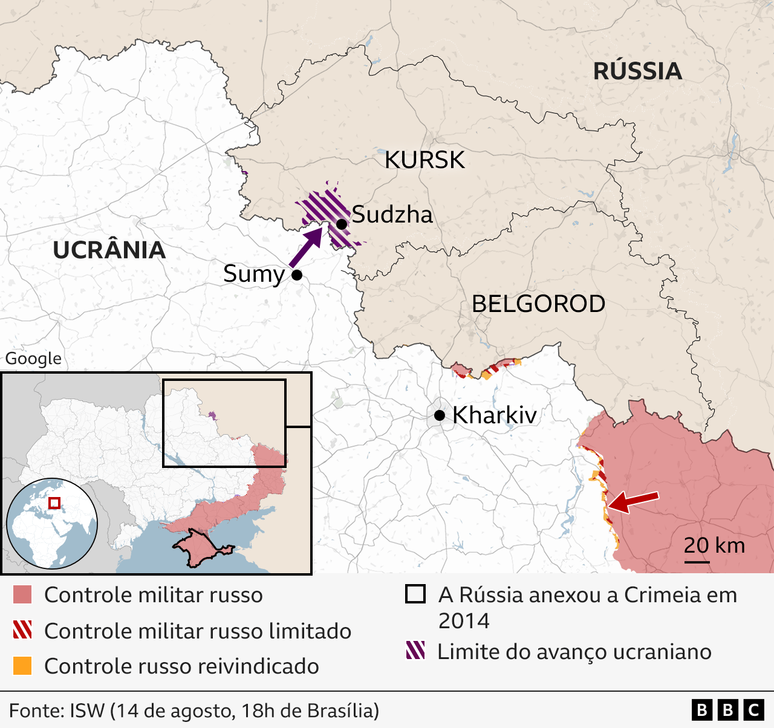 Ucr&acirc;nia-R&uacute;ssia - regi&atilde;o de Belgorod e Kursk - mapa - atualiza&ccedil;&atilde;o 15 de agosto