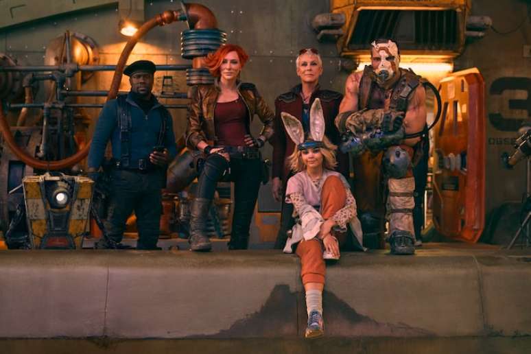 Kevin Hart (Roland), Cate Blanchett (Lilith), Jamie Lee Curtis (Tannis), Ariana Greenblatt (Tiny Tina) e Florian Munteanu (Krieg) em 'Borderlands'.