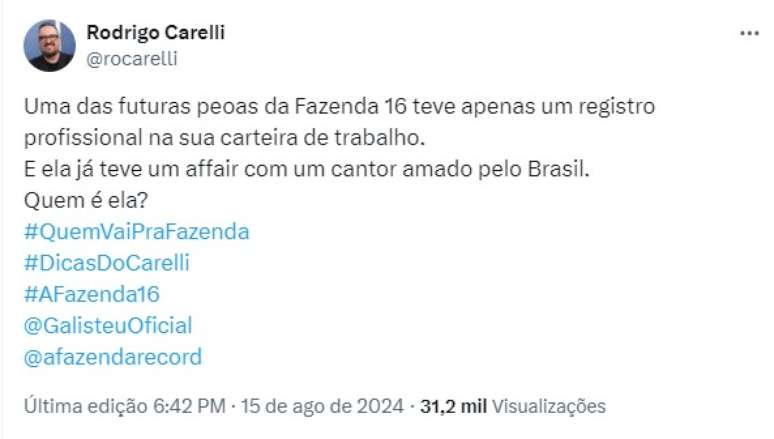 Rodrigo Carelli revela pistas de A Fazenda 