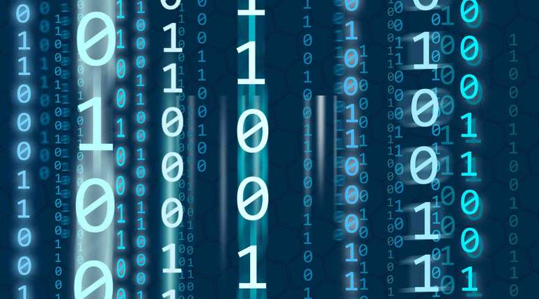 N&uacute;meros azuis, linhas de 1s e 0s, fundo azul escuro