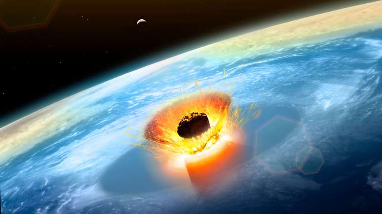 Ilustração de um grande impacto de asteróide em Chicxulub, na costa do México