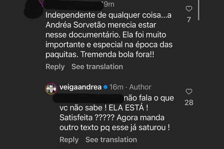 Nos comentários, fãs criticaram a ausência de duas ex-paquitas e Andréia Veiga rebateu