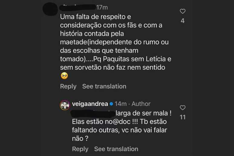 Nos comentários, fãs criticaram a ausência de duas ex-paquitas e Andréia Veiga rebateu