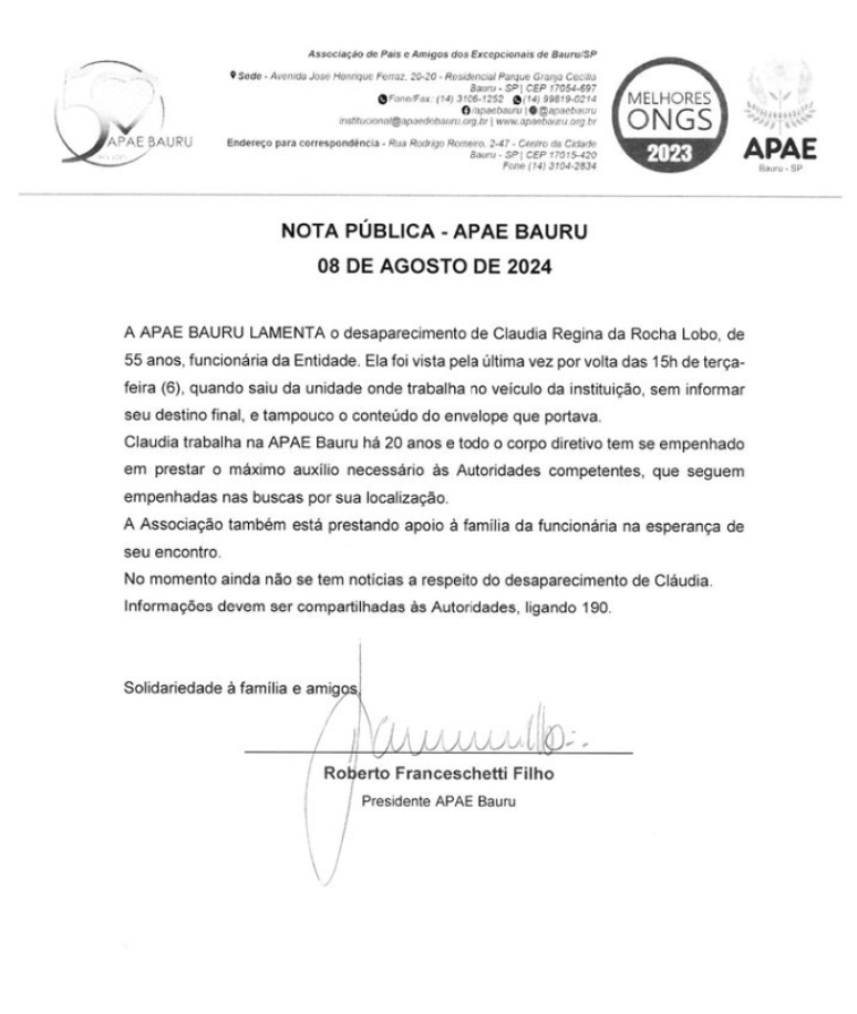 Primeira nota divulgada pela Apae e assinada pelo presidente suspeito de envolvimento no desaparecimento de funcionária