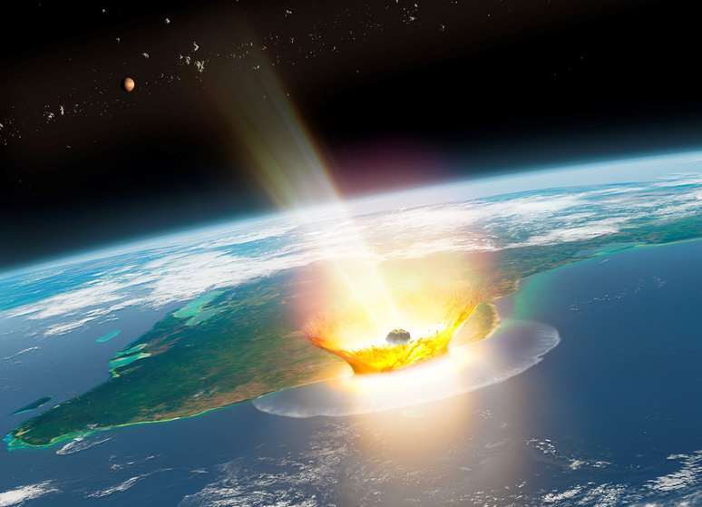 Impressão artística de um grande asteroide impactando a Terra, como o evento Chicxulub que causou a extinção em massa do fim do Cretáceo