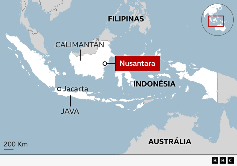 Mapa da Indonésia com Nusantara e Jacarta