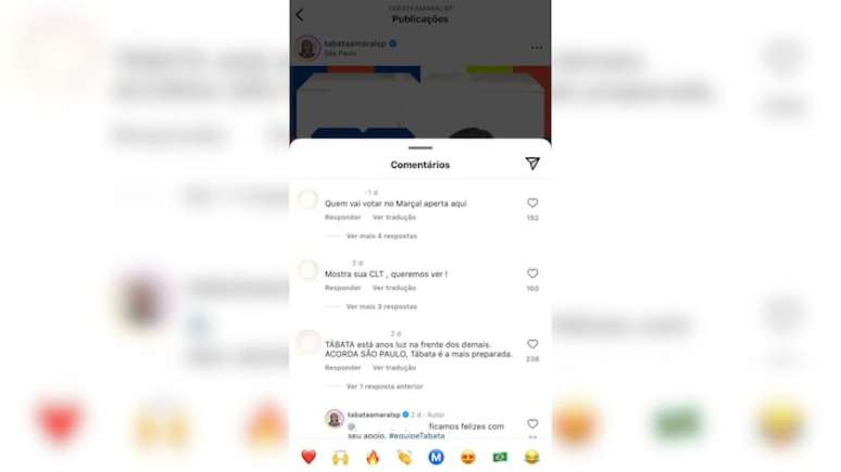 Emoji com a letra 'M', usada por Pablo Marçal (PRTB), aparece como sugestão de comentário em publicação no perfil de Tabata Amaral (PSB).