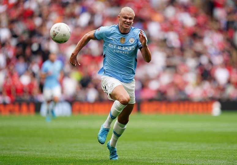 Erling Haaland (Manchester City) durante jogo contra o Manchester United, no dia 10.08.2024 