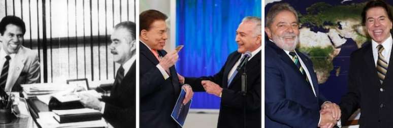 Silvio Santos em 1985, 2018 e 2010, ao lado dos ex-presidentes Jos&eacute; Sarney, Michel Temer e Lula.