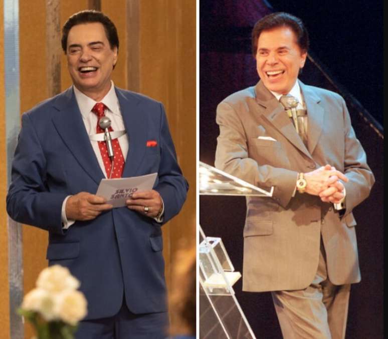 Montagem com foto do ator José Rubens Chachá interpretando Silvio Santos para a série 'O Rei da TV' e foto do apresentador Silvio Santos durante gravação do Troféu Imprensa em abril de 2002.