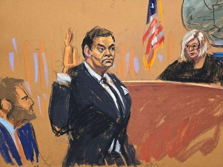 Ilustra&ccedil;&atilde;o da presen&ccedil;a de George Santos no tribunal nesta segunda-feira