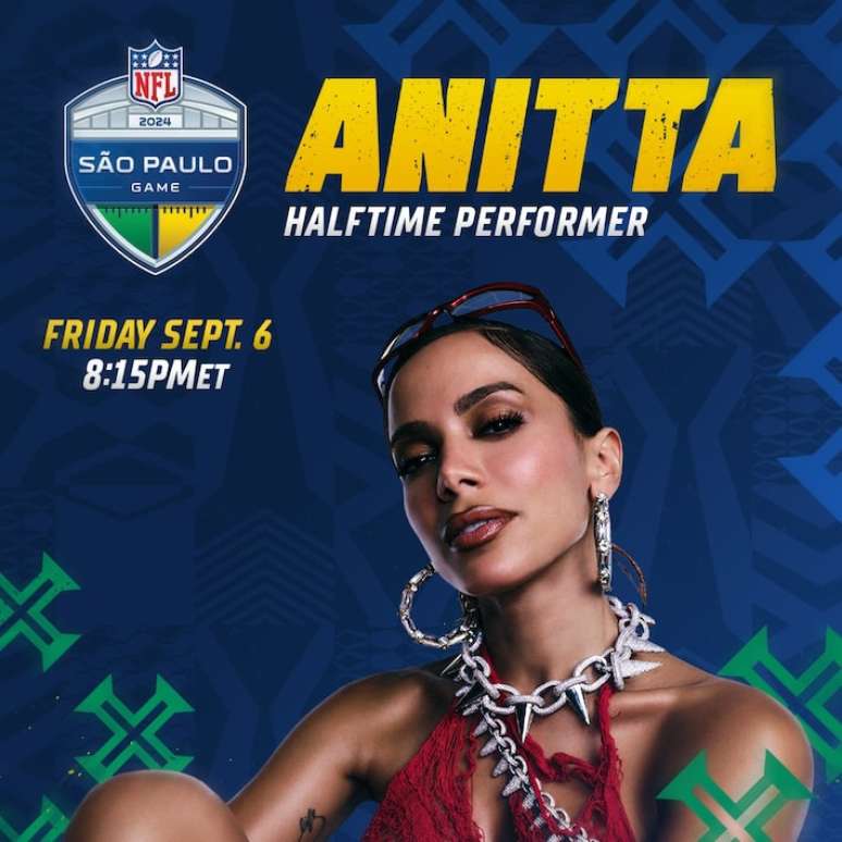 Anitta se apresentará no show de intervalo da partida entre Philadelphia Eagles e Green Bay Packers, na Neo Química Arena.