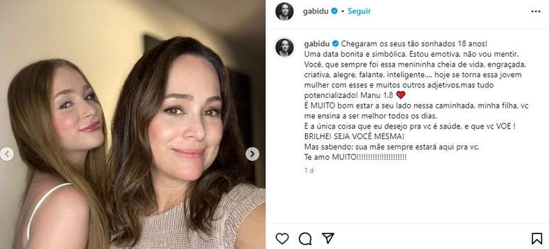 Gabriela Duarte postou fotos com Manuela, sua filha 