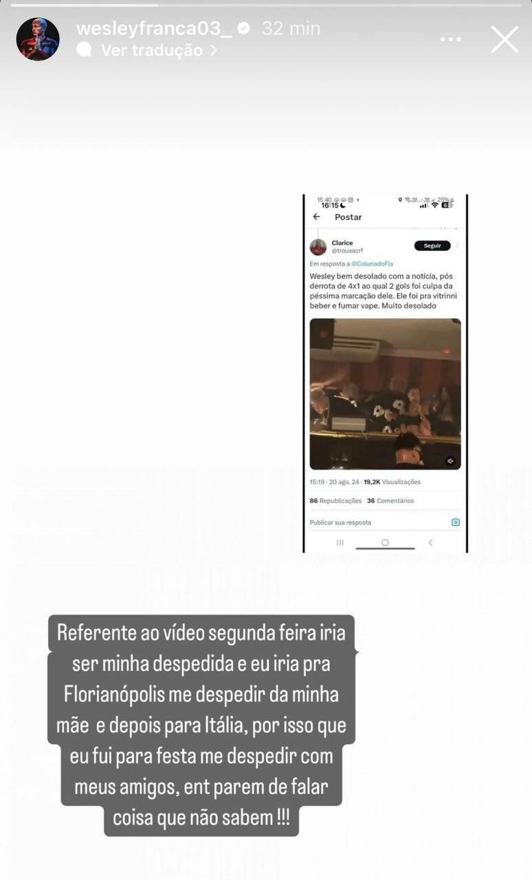 Postagem de Wesley falando sobre sua despedida /