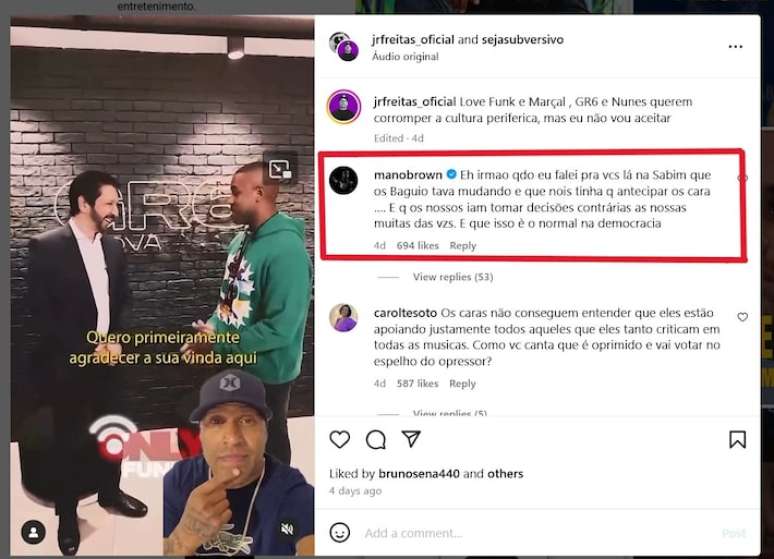 O comentário do rapper Mano Brown sobre os apoios políticos que geraram polêmica no cenário do funk e do rap nos últimos dias