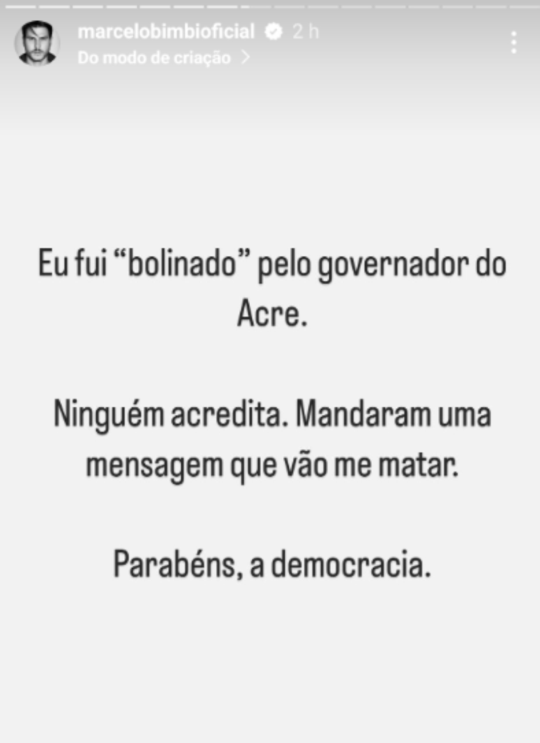 Marcelo Bimbi soltou o verbo nos Stories do Instagram 