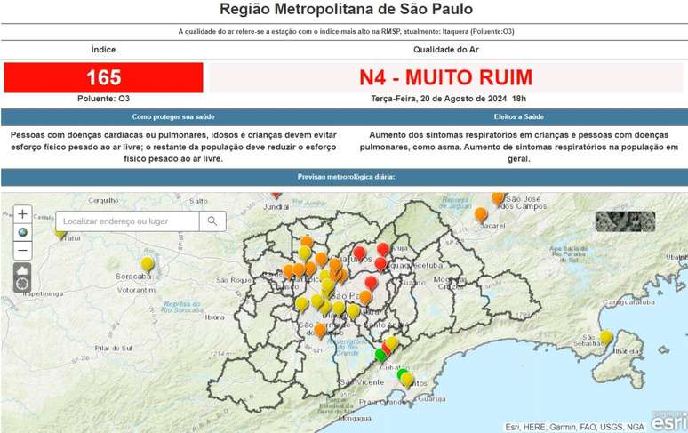 Qualidade do ar em São Paulo no fim da tarde de 20/8/24 (Fonte: Cetesb)