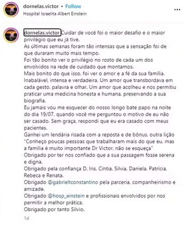 Médico que cuidou de Silvio Santos fez relato emocionante no Instagram —