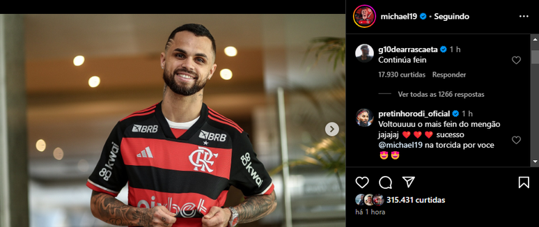 Comentários de ídolos do Flamengo na foto de Michael: brincadeiras com o novo reforço rubro-negro –