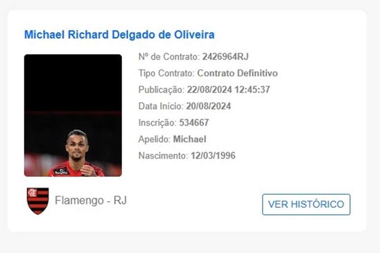 Nome de Michael já aparece no site da CBF como jogador do Flamengo –