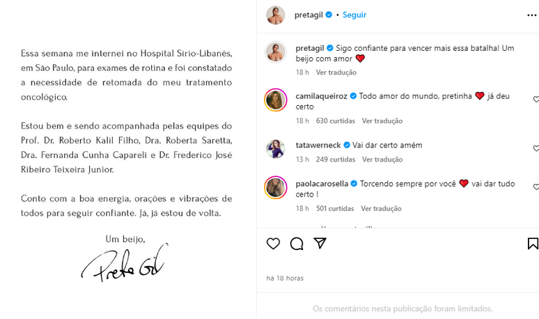 Preta Gil fez publica&ccedil;&atilde;o no Instagram 