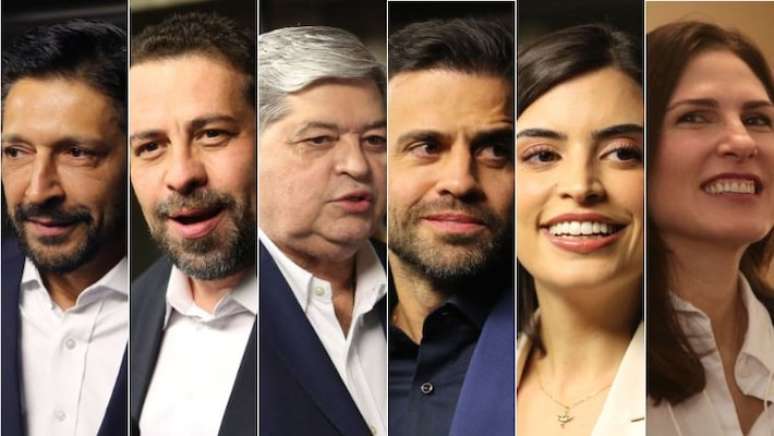 Da esquerda para a direita: Ricardo Nunes, Guilherme Boulos, Datena, Pablo Marçal, Tabata Amaral e Marina Helena