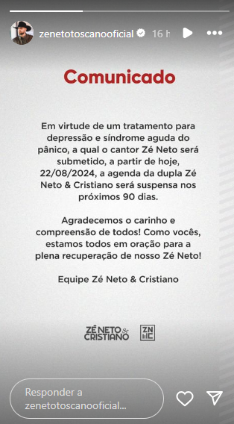 Equipe de Zé Neto fez publicação nos Stories do Instagram 