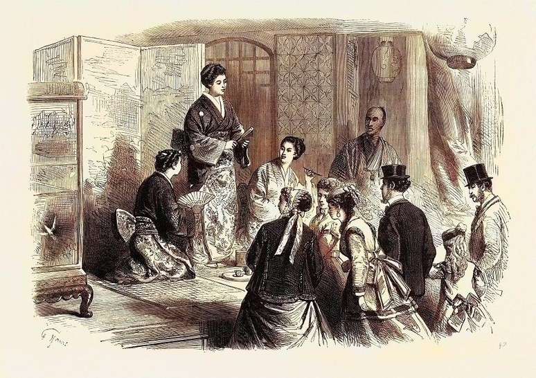 Um grupo de mulheres japonesas no pavilhão de seu país na Exposição Internacional de Paris de 1867