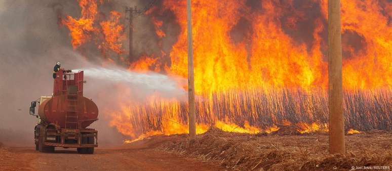 Bombeiros tentam conter chamas em um canavial perto da cidade de Dumont 