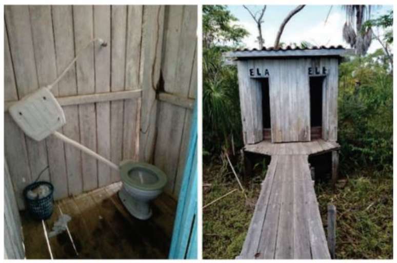 Banheiro totalmente inadequado na EMEF Araraiana II e Latrina (condição totalmente inadequada) na EMEF Cachoeirinha I em Ponta de Pedras.