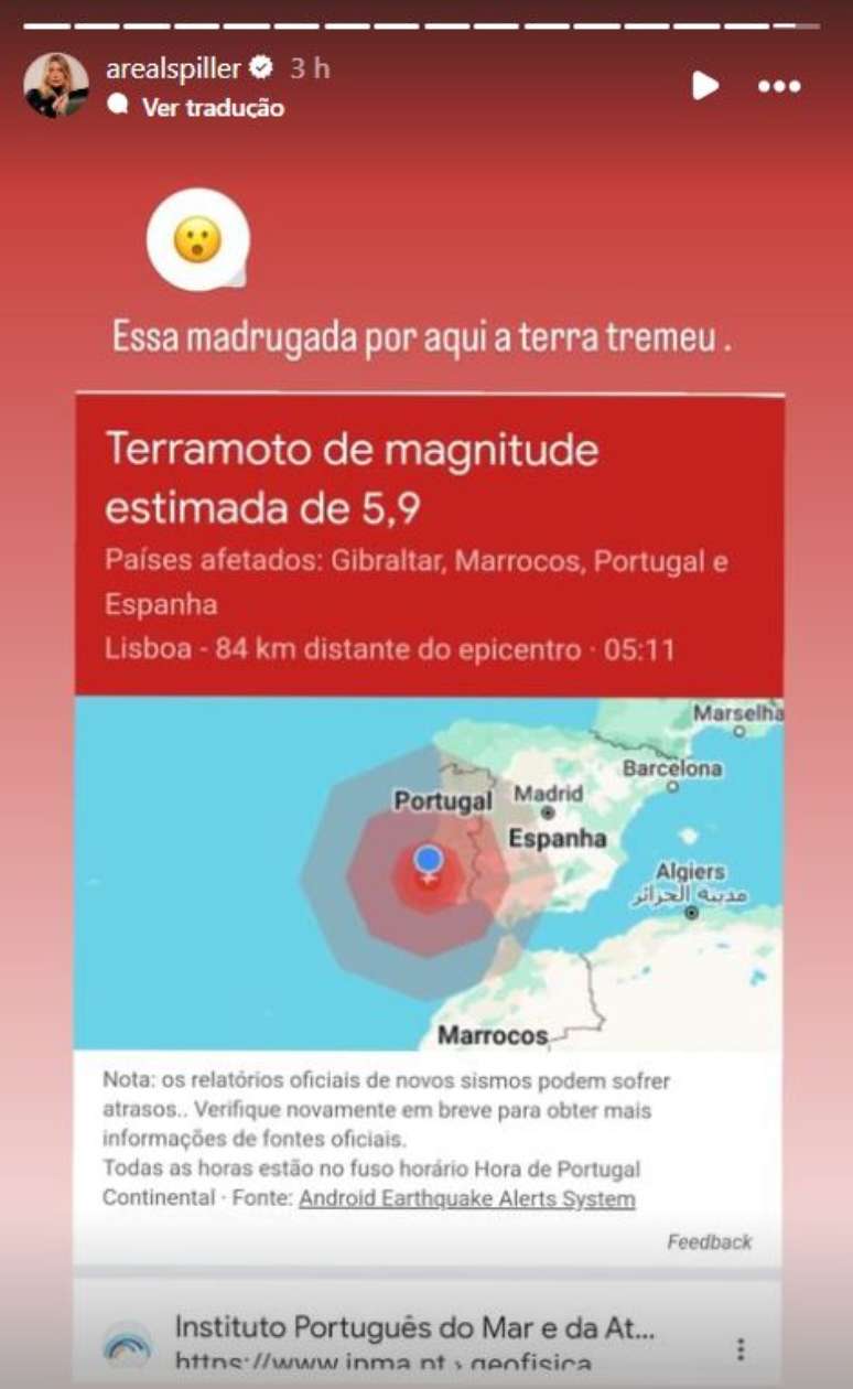 Leticia Spiller compartilha informações sobre terremoto em Portugal