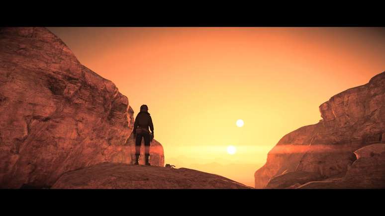 Dê uma pausa na aventura e curta o belo pôr do sol binário em Tatooine.