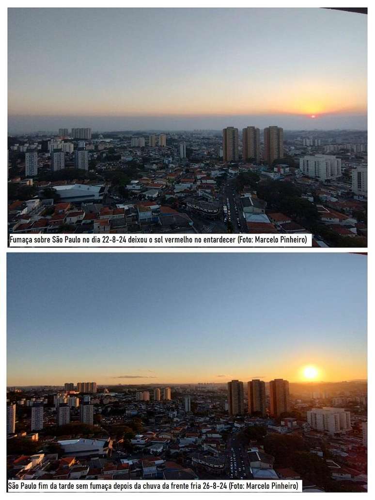 São Paulo com horizonte enfumaçado (acima) antes da chuva e com horizonte limpo (abaixo) depois da chuva de uma frente fria (Fotos: Marcelo Pinheiro)