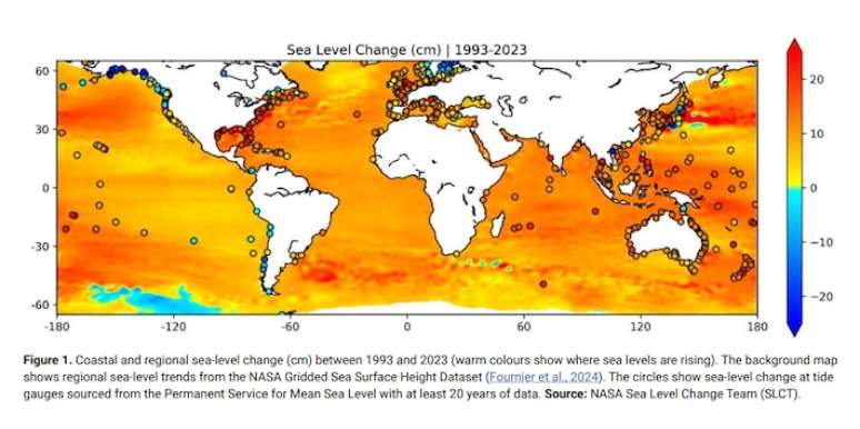 Mapa mostra pontos do planeta onde os níveis do mar mais têm crescido entre 1993 e 2023. As cores mais quentes (amarelo e vermelho) mostram maior grau de elevação