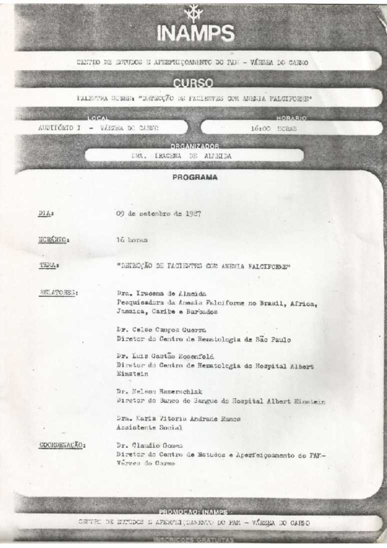 Prospecto de palestra sobre 'Detecção de anemia falciforme em pacientes', com a participação de Iracema de Almeida, creditada como 'pesquisadora de anemia falciforme no Brasil, África, Jamaica, Caribe e Barbados'