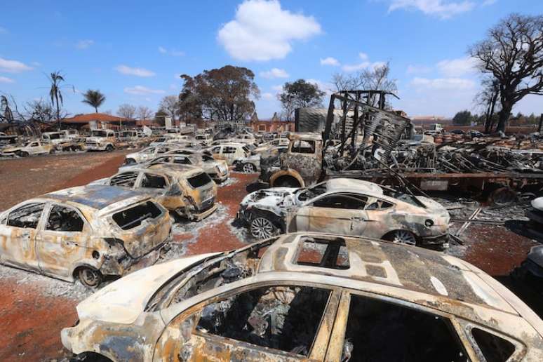 Incêndio destruiu dezenas de veículos apreendidos na região de Ribeirão Preto-SP.