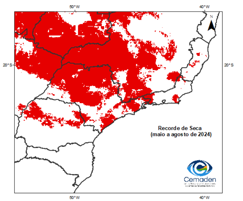 Áreas no estado de São Paulo que apresentam o maior déficit de chuvas, com base em uma análise histórica abrangendo o período de 1981 a 2024