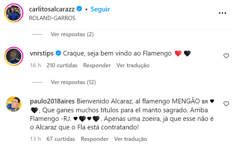 Tenista espanhol, Carlos Alcaraz, tem rede social invadida por torcedores do Flamengo –