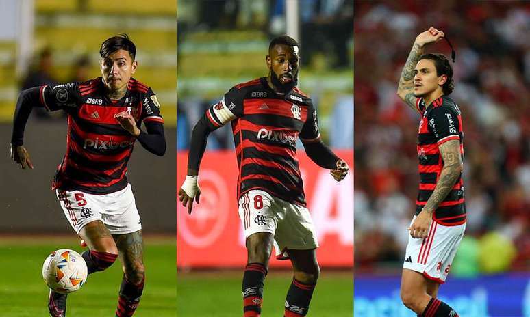 Flamengo pretende renovar contratos de Pulgar, Gerson e Pedro. Fotos: Marcelo Cortes e Divulgação / Flamengo