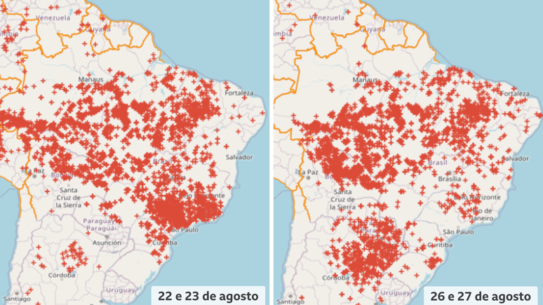 Imagens disponibilizadas pelo Inpe mostram os focos de incêndio no país; a situação ficou muito acima do normal no Estado de São Paulo entre 22 e 23 de agosto